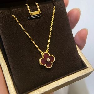 Van Cleef & Arpels Gold Plated Clover Pendant Necklace with Red